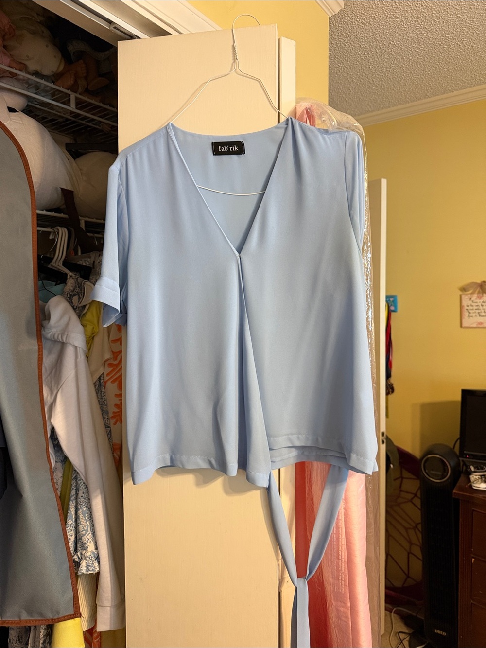 fab'rik Powder Blue V-Neck Short Sleeve Tie-Front Blouse